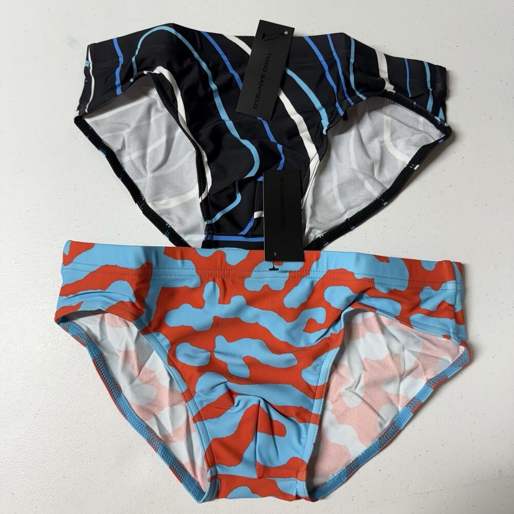 Todd Sanfield Swim Brief Men's Extra Small XS Blue Red Black LOT OF 2 Deep NEW
